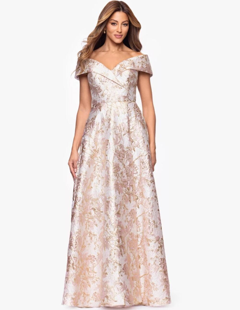 Pre Owned Xscape Sweetheart Neck Metallic Jacquard Ball Gown Rose Gold Size 10